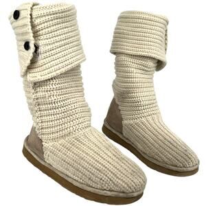 Women's UGG Australia Classic Cardy Sz 7 Knit Sweater Cream Woven‎ Button Boots